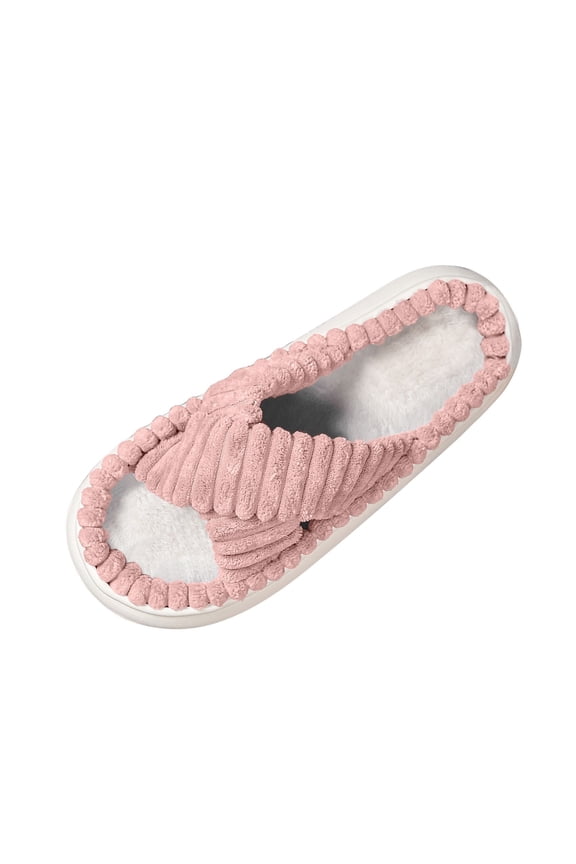 Women's Cross Band Plush Slippers Open Toe Fluffy House Shoes Comfortable Thick Sole Slides Cozy Indoor Outdoor Footwear Trendy Pink Women Sandal