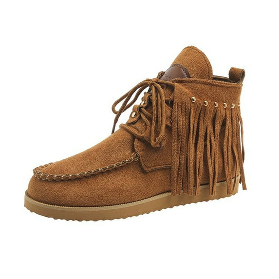 RUIYANQI Women's Denim Fringe Ankle Boots Lace Up Moccasin Booties with Rivet Decor Trendy Fashion Casual Comfortable Flat Shoes for Fall Winter Solid Colors Brown Women Sandal