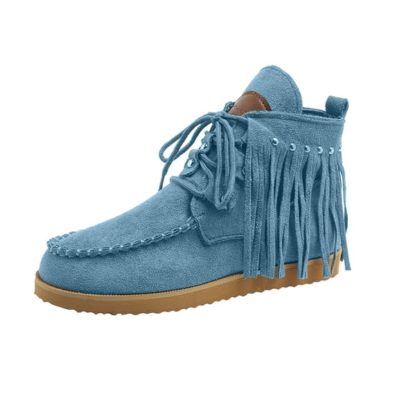 RUIYANQI Women's Denim Fringe Ankle Boots Lace Up Moccasin Booties with Rivet Decor Trendy Fashion Casual Comfortable Flat Shoes for Fall Winter Solid Colors Light Blue Women Sandal