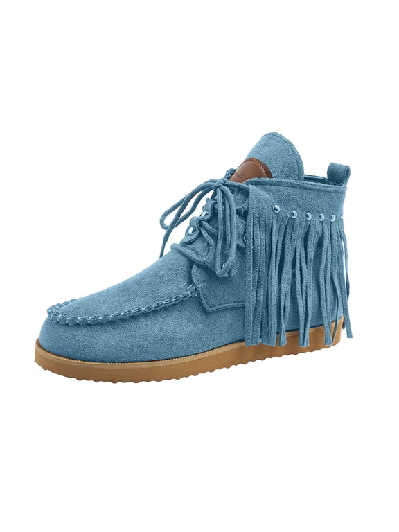 Women's Denim Fringe Ankle Boots Lace Up Moccasin Booties with Rivet Decor Trendy Fashion Casual Comfortable Flat Shoes for Fall Winter Solid Colors Light Blue Women Sandal
