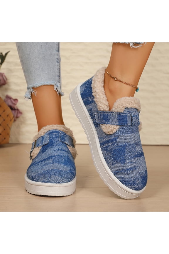 Women's Denim Sherpa Lined Sneakers Adjustable Strap Design Slip On Footwear Comfortable House Shoes Trendy Fashion Winter Warm Slippers Blue Women Sandals
