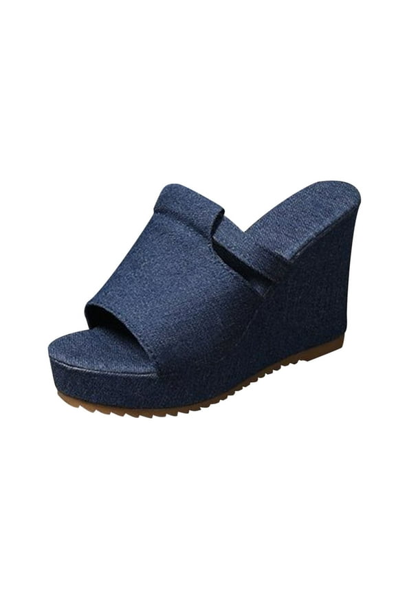 Women's Denim Wedge Slides - Peep Toe Platform Sandals, Trendy Summer Casual Footwear, Comfortable High - Heel Mules, Stylish Beach Party Shoes Blue Women Sandal