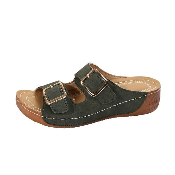 RUIYANQI Women's Double Buckle Strap Wedge Sandals Comfortable Orthopedic Footbed Slip On Mules Trendy Fashion Casual Walking Shoes for Summer Beach Outdoor Daily Wear