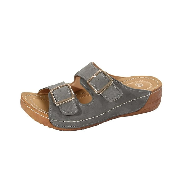 RUIYANQI Women's Double Buckle Strap Wedge Sandals Comfortable Orthopedic Footbed Slip On Mules Trendy Fashion Casual Walking Shoes for Summer Beach Outdoor Daily Wear