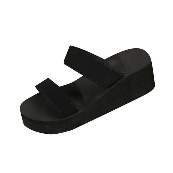 RUIYANQI Women's Double Strap Thick Sole Wedge Slide Sandals Trendy Fashion Casual Summer Beach Footwear Comfortable Platform Design for Outdoor Daily Wear Black Women Sandal
