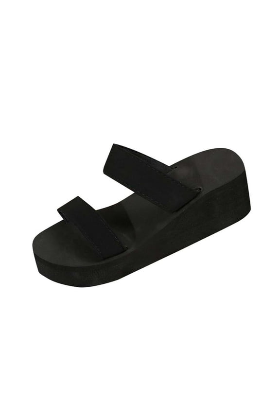 Women's Double Strap Thick Sole Wedge Slide Sandals Trendy Fashion Casual Summer Beach Footwear Comfortable Platform Design for Outdoor Daily Wear Black Women Sandal