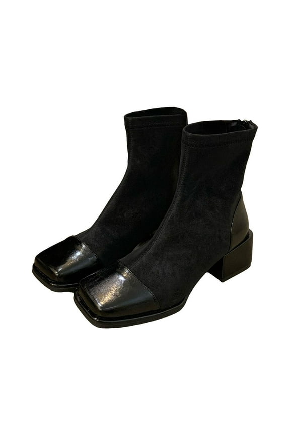 Women's Elastic Sock Ankle Boots Square Toe Chunky Heel Dressy Fall Winter Shoes Slip On Fashion Booties For Women Black Women Sandal