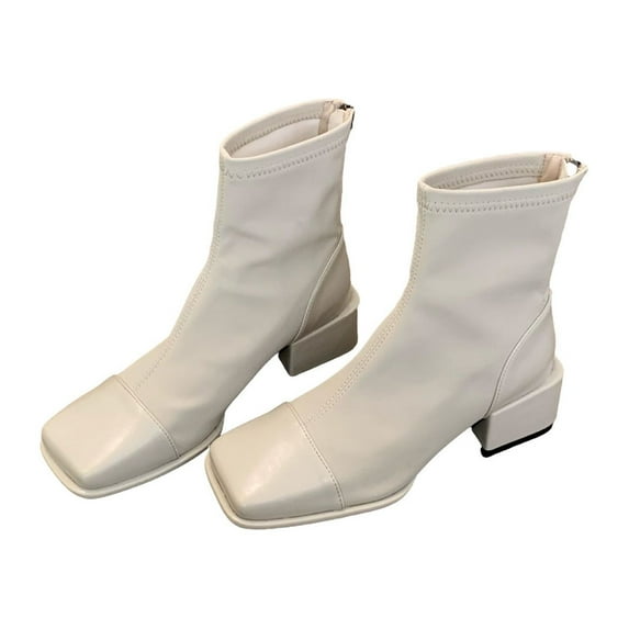 RUIYANQI Women's Elastic Sock Ankle Boots Square Toe Chunky Heel Dressy Fall Winter Shoes Slip On Fashion Booties For Women White Women Sandal