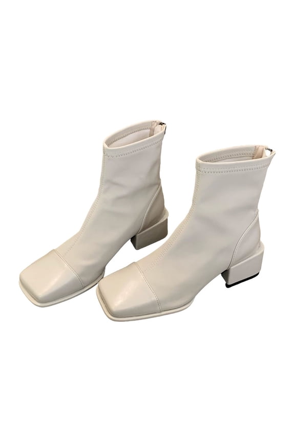 Women's Elastic Sock Ankle Boots Square Toe Chunky Heel Dressy Fall Winter Shoes Slip On Fashion Booties For Women White Women Sandal