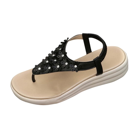 RUIYANQI Women's Embellished Toe - Thong Platform Sandals,Sequin Flower - Decorated Summer Footwear with Adjustable Ankle Strap,Stylish Casual Shoes for Beach & Daily Wear Black Women Sandal