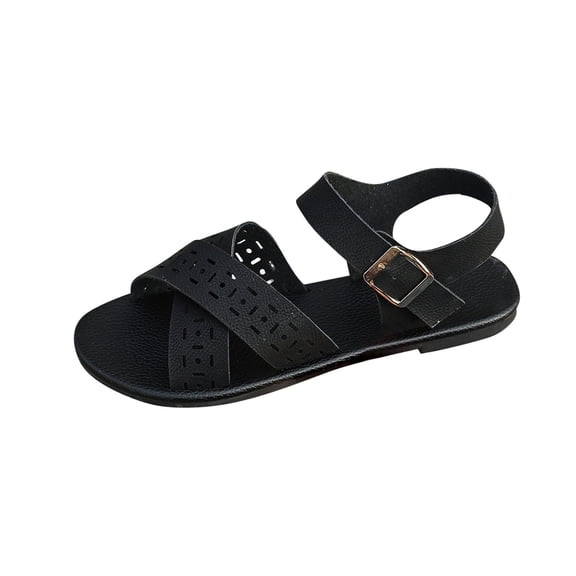 RUIYANQI Women's Everyday Flat Sandals,Durable Leather - like Upper with Cross - Strap & Perforations for Casual Scenarios Black Women Sandal