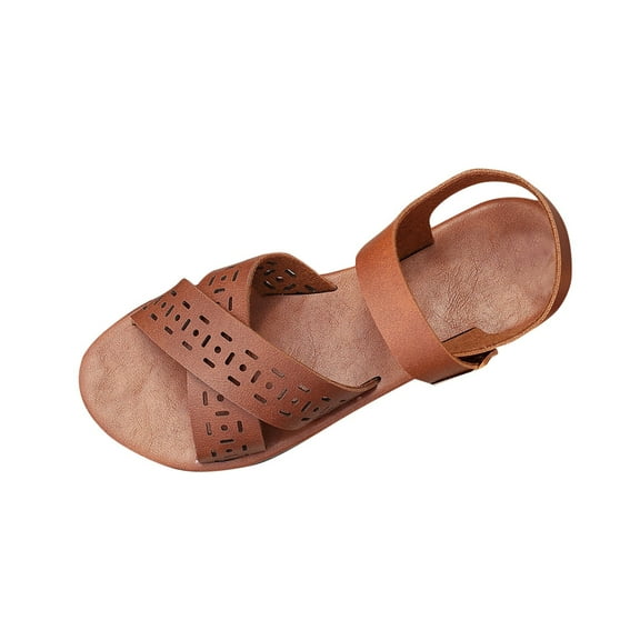RUIYANQI Women's Everyday Flat Sandals,Durable Leather - like Upper with Cross - Strap & Perforations for Casual Scenarios Brown Women Sandal