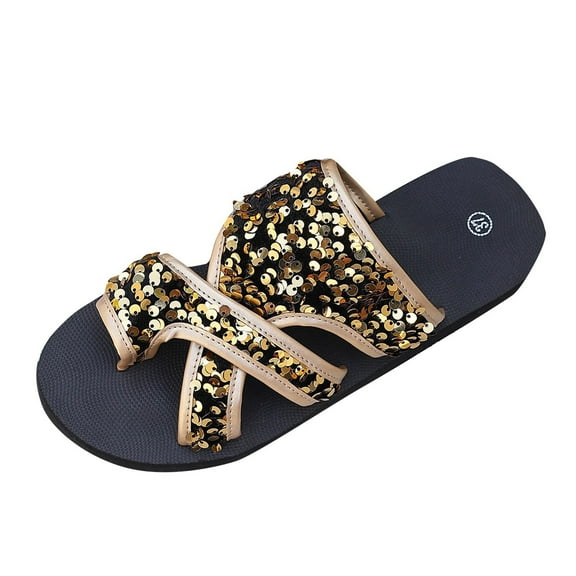 RUIYANQI Women's Everyday Glittery Slide Sandals,Eye - catching Sequined Style,Perfect for Fun Occasions Gold Women Sandal