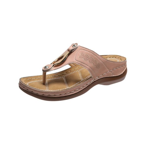 RUIYANQI Women's Everyday Toe - Thong Slide Sandals,Durable Leather - like Upper with Metal Detail and Perforations for Casual Moments Pink Women Sandal