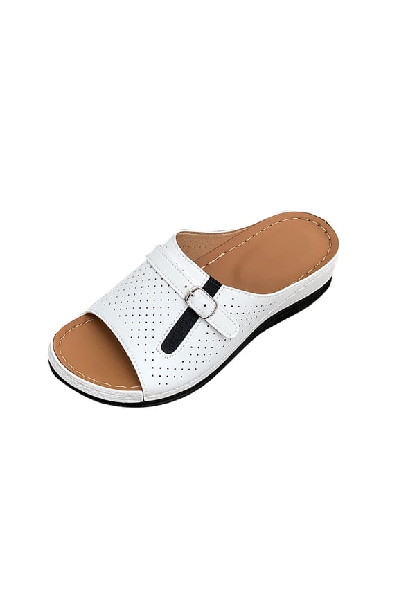 Women's Everyday Wedge Heel Slides,Durable Leather with Buckle Detail for Casual Scenarios White Women Sandal