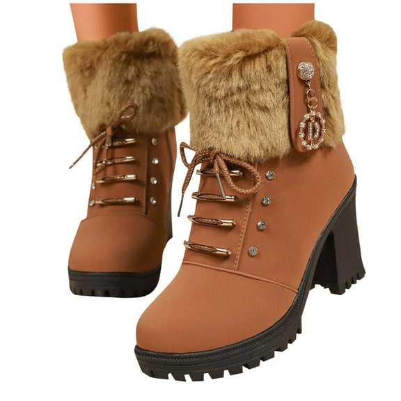 RUIYANQI Women's Faux Fur Trimmed Ankle Boots Lace Up Design Chunky Heel Footwear Studded Decor Winter Snow Boots Trendy Fashion Warm Shoes Brown Women Sandals