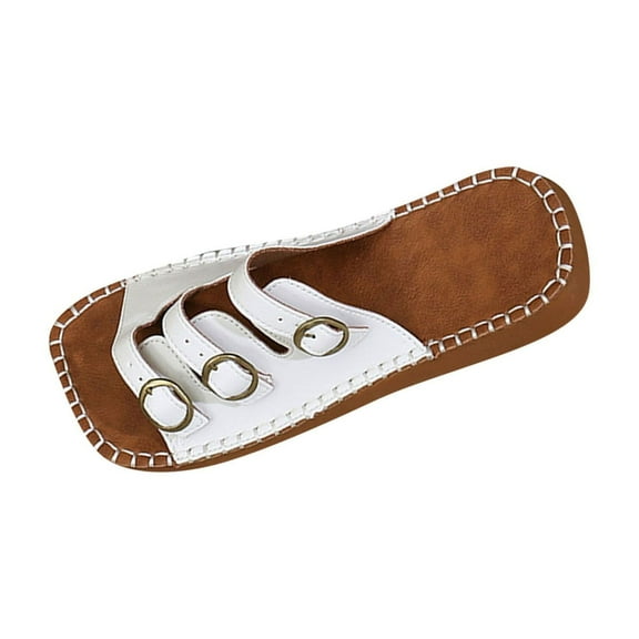 RUIYANQI Women's Flat Buckle Strap Slides,Open - Toe Summer Sandals with Retro Leather Design,Casual Footwear for Daily Wear White Women Sandal