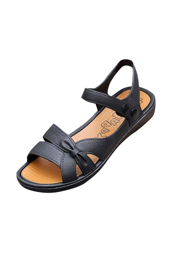 Women's Flat Sandals,Leather Comfort Footwear with Bow Accent & Buckle for Daily Wear Black Women Sandal
