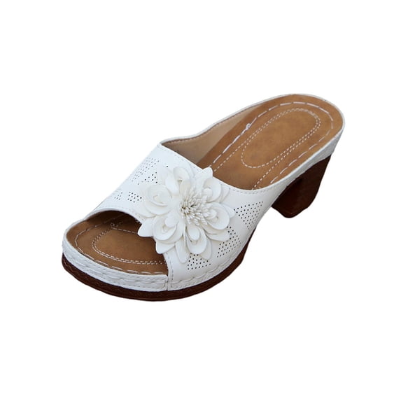RUIYANQI Women's Floral Decor Slide Sandals Perforated Design Block Heel Open Toe Summer Shoes Comfortable Outdoor Beach Footwear Trendy White Women Sandal