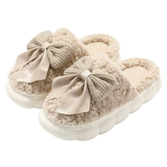 RUIYANQI Women's Fluffy Cotton House Slippers Bowknot Decor Anti-Slip Platform Sole Soft Cozy Indoor Winter Shoes For Women Khaki Women Sandal