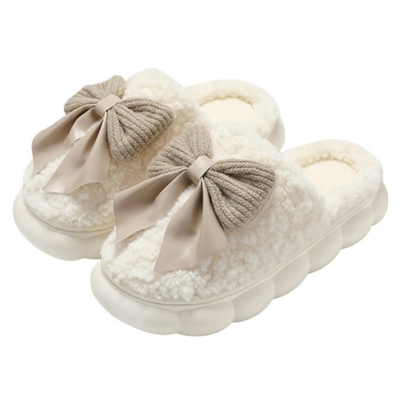 RUIYANQI Women's Fluffy Cotton House Slippers Bowknot Decor Anti-Slip Platform Sole Soft Cozy Indoor Winter Shoes For Women White Women Sandal