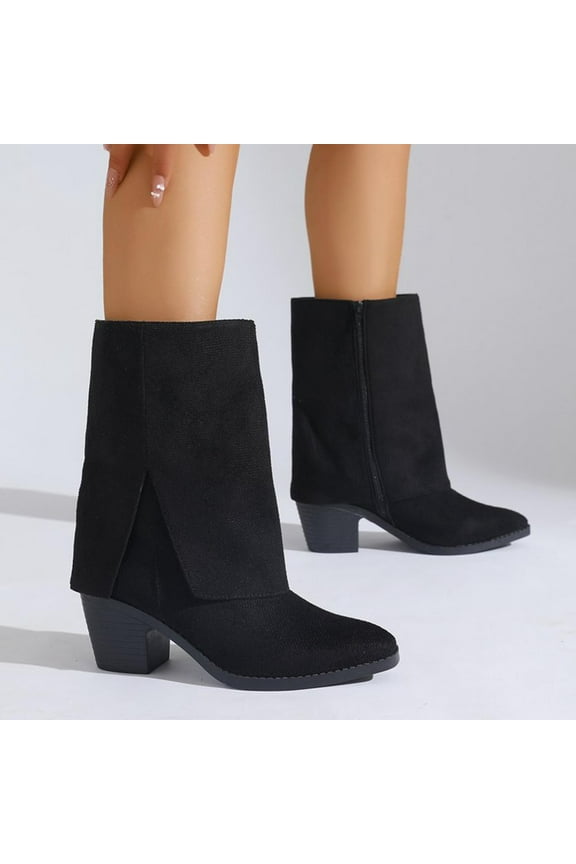 Women's Fold Over Ankle Boots Side Zipper Design Block Heel Footwear Trendy Fashion Fall Winter Dress Boots Black Women Sandals