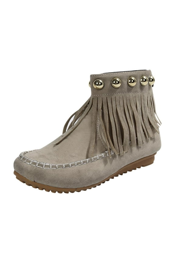 Women's Fringe Ankle Boots Studded Decor Suede Booties Moccasin Style Footwear Trendy Casual Walking Shoes Comfortable Beige Women Sandal