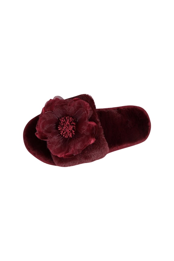 Women's Fuzzy Flower Slide Slippers - Plush Open Toe House Shoes, Trendy Floral Decor Bedroom Footwear, Cozy Soft Anti Slip Indoor Relaxing Slipper