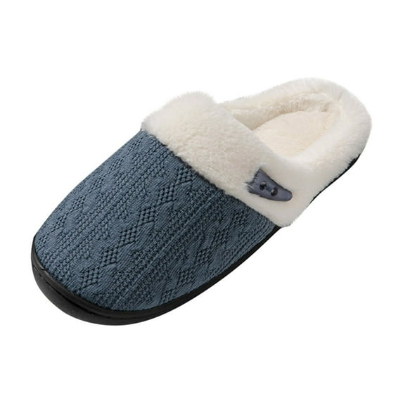 RUIYANQI Women's Fuzzy Lined Slippers Knit Upper Warm House Shoes Cozy Indoor Slippers Non Slip Rubber Sole Mules with Plush Collar for Winter Comfort Blue Women Sandal