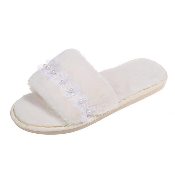 RUIYANQI Women's Fuzzy Open Toe Slides - Pearl Decor Fluffy Slippers, Trendy Cozy House Footwear, Stylish Indoor Outdoor Pumps, Soft Plush Anti Slip Shoes White Women Sandal