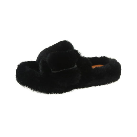 RUIYANQI Women's Fuzzy Slide Slippers Buckle Decor Open Toe Fluffy Sandals Soft Warm Cozy Indoor Outdoor House Shoes Multi Color Winter Slippers For Women Black Women Sandal