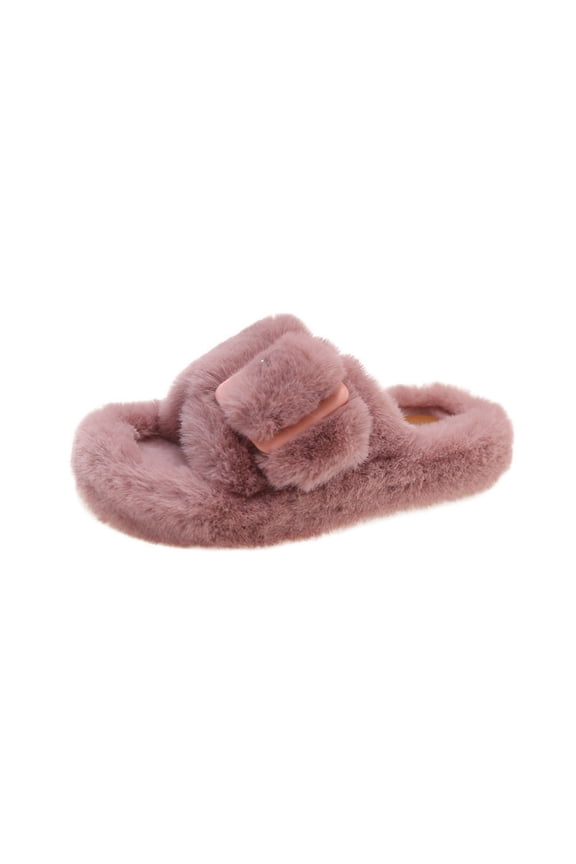 Women's Fuzzy Slide Slippers Buckle Decor Open Toe Fluffy Sandals Soft Warm Cozy Indoor Outdoor House Shoes Multi Color Winter Slippers For Women Pink Women Sandal