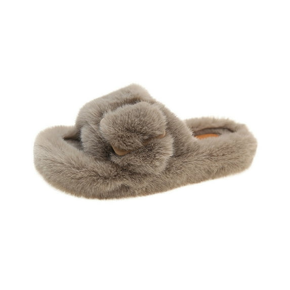 RUIYANQI Women's Fuzzy Slide Slippers Buckle Decor Open Toe Fluffy Sandals Soft Warm Cozy Indoor Outdoor House Shoes Multi Color Winter Slippers For Women Khaki Women Sandal