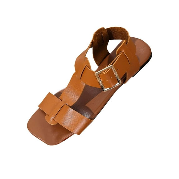 RUIYANQI Women's Gladiator Flat Sandals Square Toe Buckle Strap Open Toe Shoes Casual Summer Beach Footwear Adjustable Ankle Strap Sandals Trendy Fashion Outdoor Walking Shoes