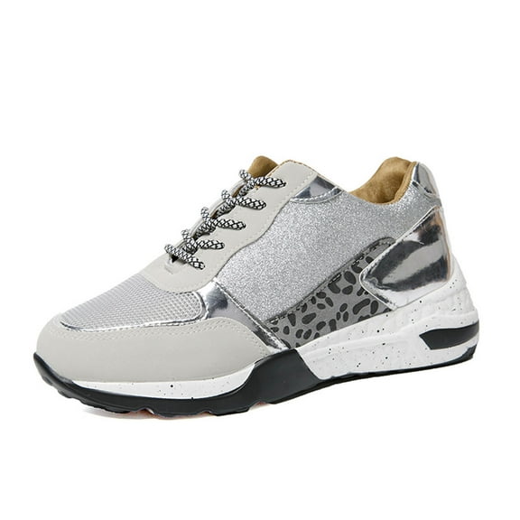RUIYANQI Women's Glitter Patchwork Sneakers Platform Sole Leopard Accent Lace Up Casual Walking Shoes For Women Silver Women Sandal