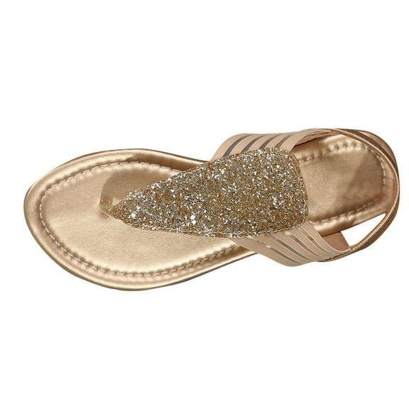RUIYANQI Women's Glitter Thong Sandals Ankle Strap Rhinestone Embellished Shoes Trendy Fashion Party Club Footwear Sparkly Toe Post Sandals for Summer Beach Gold Women Sandal