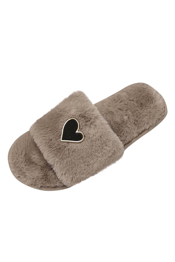 Women's Heart Accent Fuzzy Slippers Open Toe Cozy House Slides Soft Plush Indoor Footwear Trendy Winter Warm Slip On Shoes Khaki Women Sandal