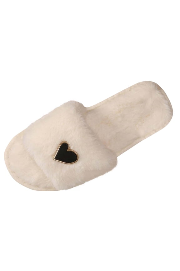 Women's Heart Accent Fuzzy Slippers Open Toe Cozy House Slides Soft Plush Indoor Footwear Trendy Winter Warm Slip On Shoes White Women Sandal