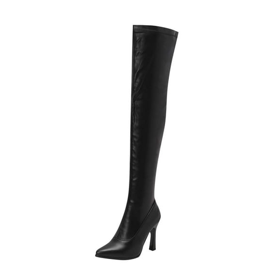 RUIYANQI Women's Over The Knee Boots Pointed Toe Stiletto Heel Side Zipper Faux Leather Dress Booties Elegant Party Shoes Fall Winter Fashion Footwear Black Women Sandal