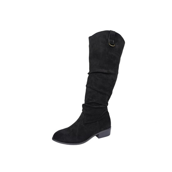 RUIYANQI Women's Knee High Boots Buckle Accent Block Heel Booties Trendy Fall Winter Footwear Casual Outdoor Walking Shoes Fashion Black Women Sandal