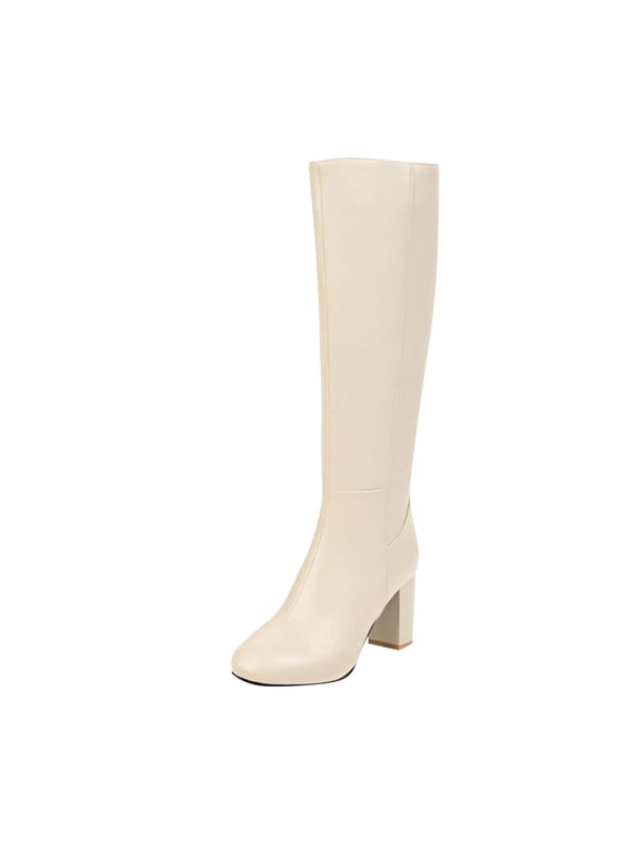 Women's Knee High Boots Side Zipper Block Heel Faux Leather Dress Booties Trendy Fall Winter Fashion Footwear Elegant Party Shoes Beige Women Sandal