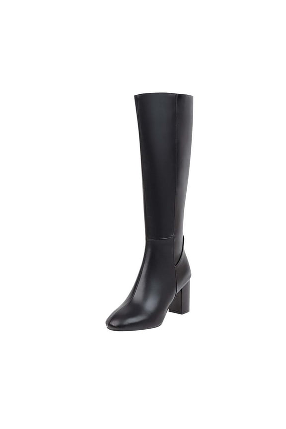 Women's Knee High Boots Side Zipper Block Heel Faux Leather Dress Booties Trendy Fall Winter Fashion Footwear Elegant Party Shoes Black Women Sandal