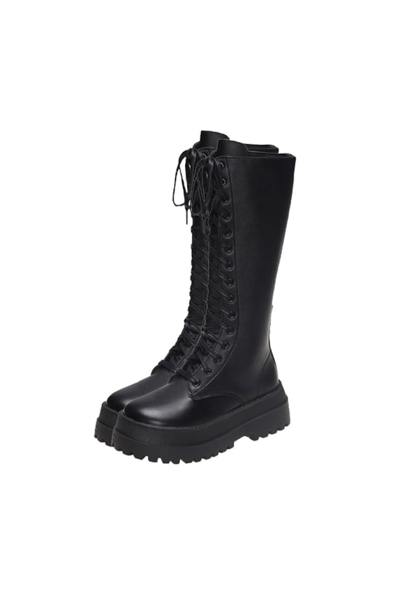 Women's Knee High Combat Boots Platform Sole Lace Up Zip Design PU Leather Fashion Winter Riding Boots For Women Black Women Sandal