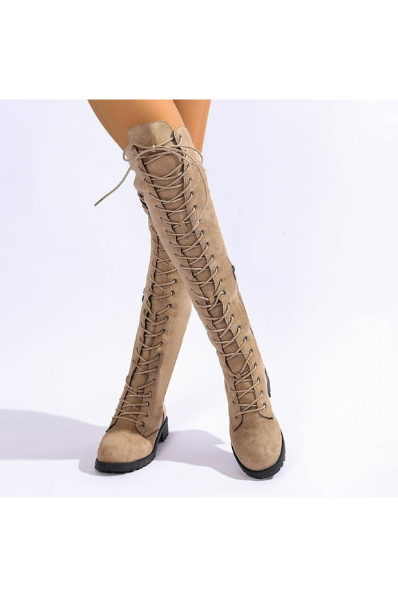Women's Over The Knee Suede Boots Lace Up Design Side Zipper Footwear Chunky Heel Shoes Trendy Fashion Fall Winter Riding Boots Khaki Women Sandals