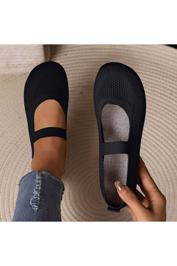 Women's Knit Mary Jane Flats Elastic Strap Design Breathable Footwear Comfortable Walking Shoes Trendy Fashion Casual Ballet Flats Black Women Sandals