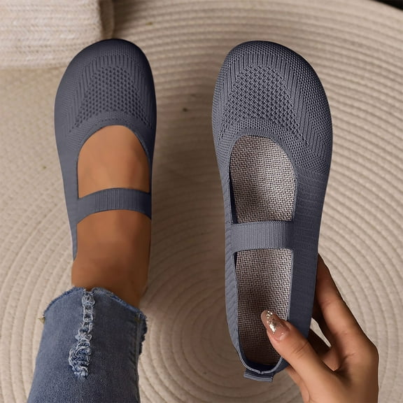 RUIYANQI Women's Knit Mary Jane Flats Elastic Strap Design Breathable Footwear Comfortable Walking Shoes Trendy Fashion Casual Ballet Flats Gray Women Sandals