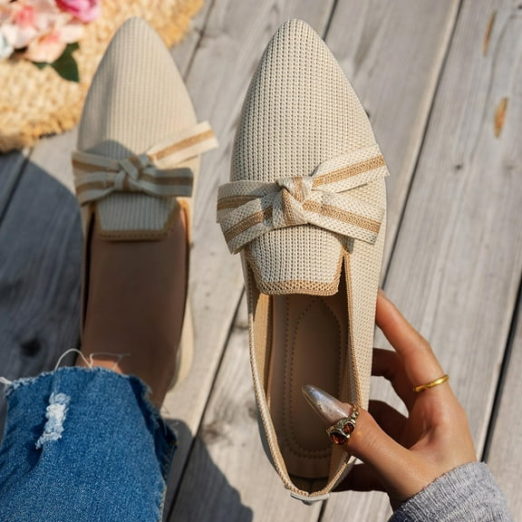 RUIYANQI Women's Knit Pointed Toe Loafers Bow Decor Slip On Design Comfortable Walking Shoes Trendy Fashion Casual Flats Breathable Footwear Beige Women Sandals