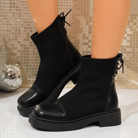 RUIYANQI Women's Knit Sock Ankle Boots Back Lace Up Design Round Toe Footwear Low Heel Shoes Trendy Fashion Fall Winter Chelsea Boots Black Women Sandals