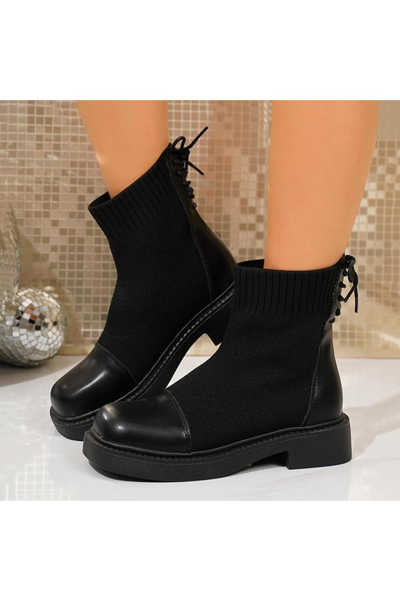 Women's Knit Sock Ankle Boots Back Lace Up Design Round Toe Footwear Low Heel Shoes Trendy Fashion Fall Winter Chelsea Boots Black Women Sandals