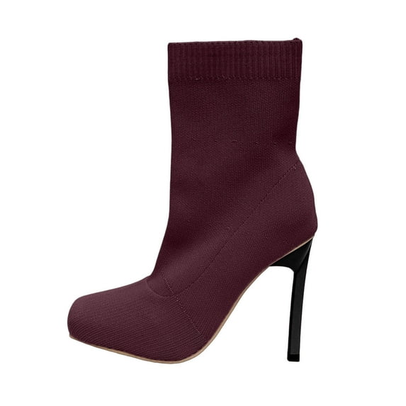 RUIYANQI Women's Knit Sock Ankle Boots Stiletto Heel Square Toe Booties Trendy Elastic Fabric Footwear Fashion Party Dress Shoes Wine Women Sandal